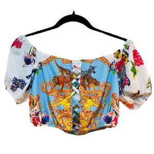 L'ATISTE BY AMY Baroque and Animal Print Off-the-Shoulder Cropped Top Sz S